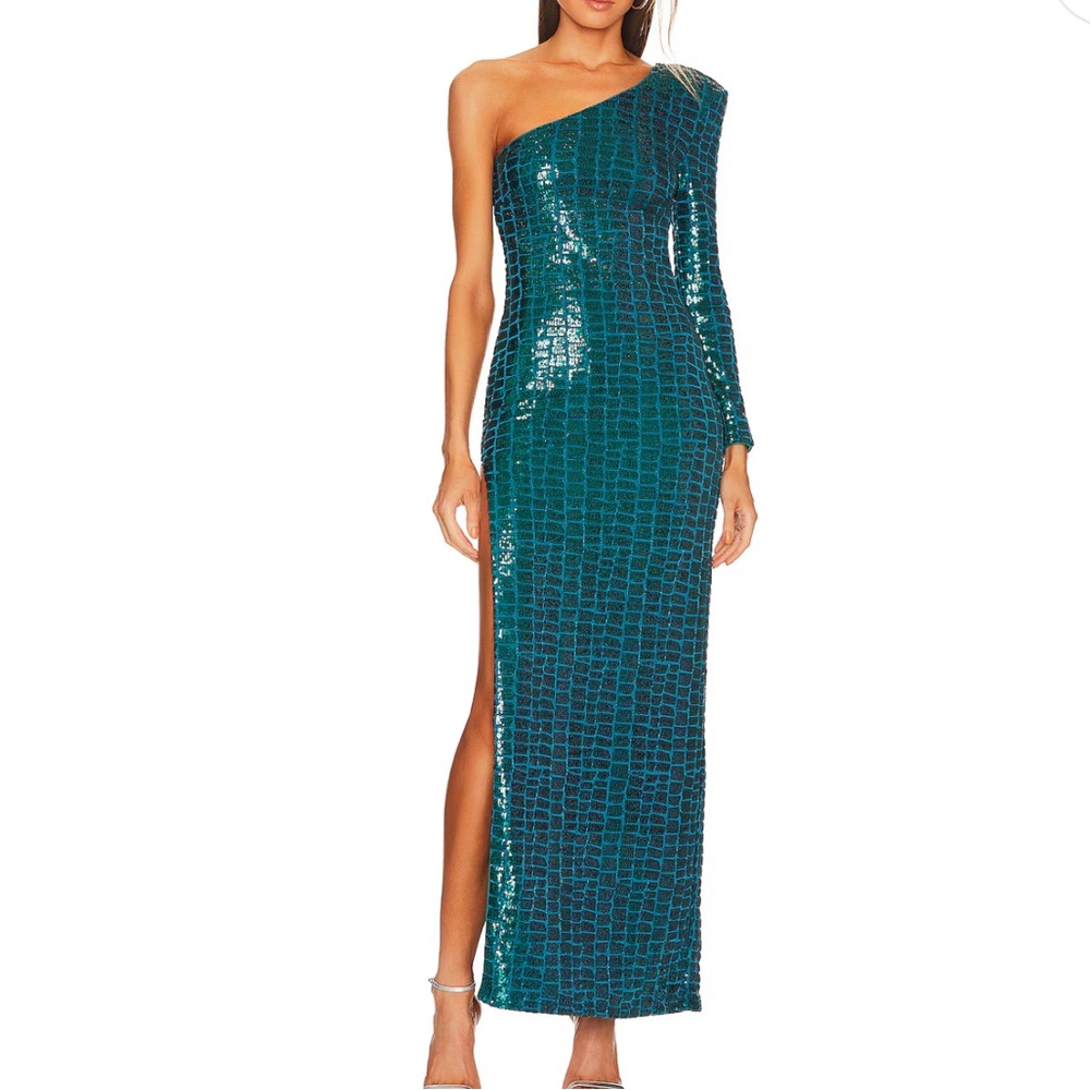REVOLVE Teal Sequin One-Shoulder Dress Michael Costello